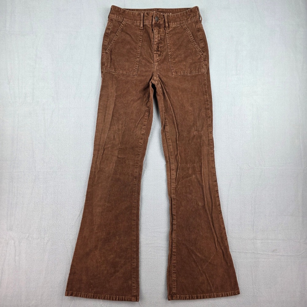 American Eagle Corduroy Pants Womens 4 Long Brown Super Hi-Rise Flare Stretch